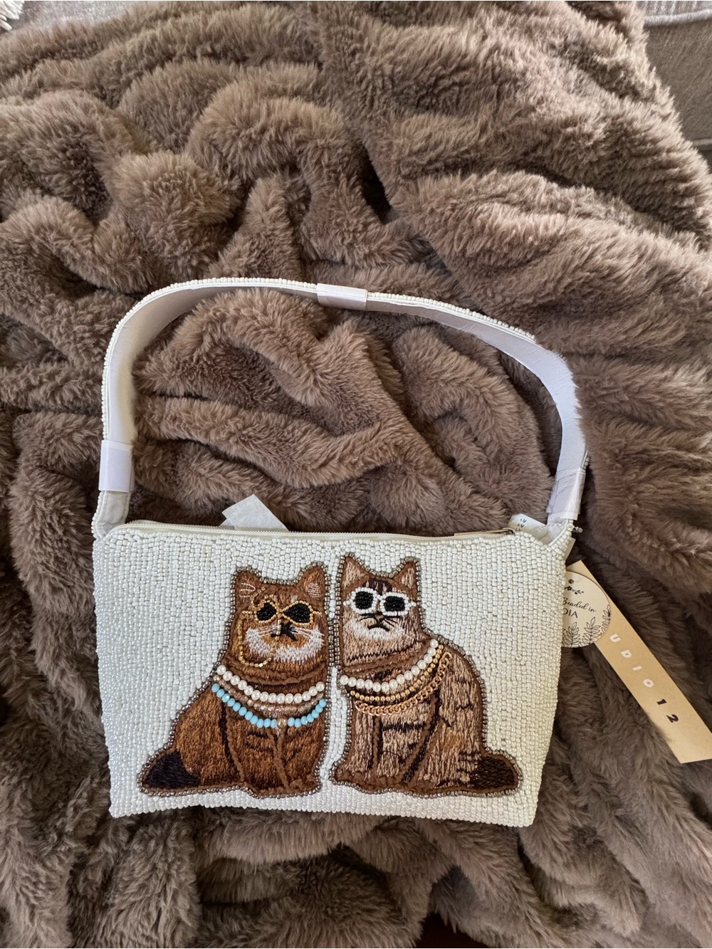 Beaded Cat Duo Crossbody Bag - Cream